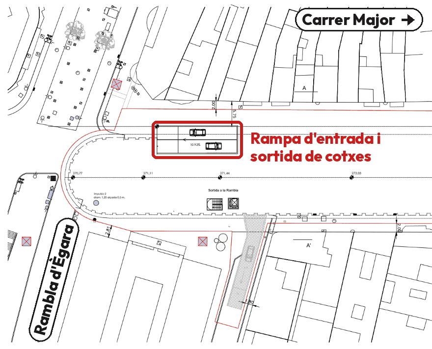 Plànol del projecte: la rampa d'entrada i sortida de cotxes, a tocar de la Rambla d'Ègara